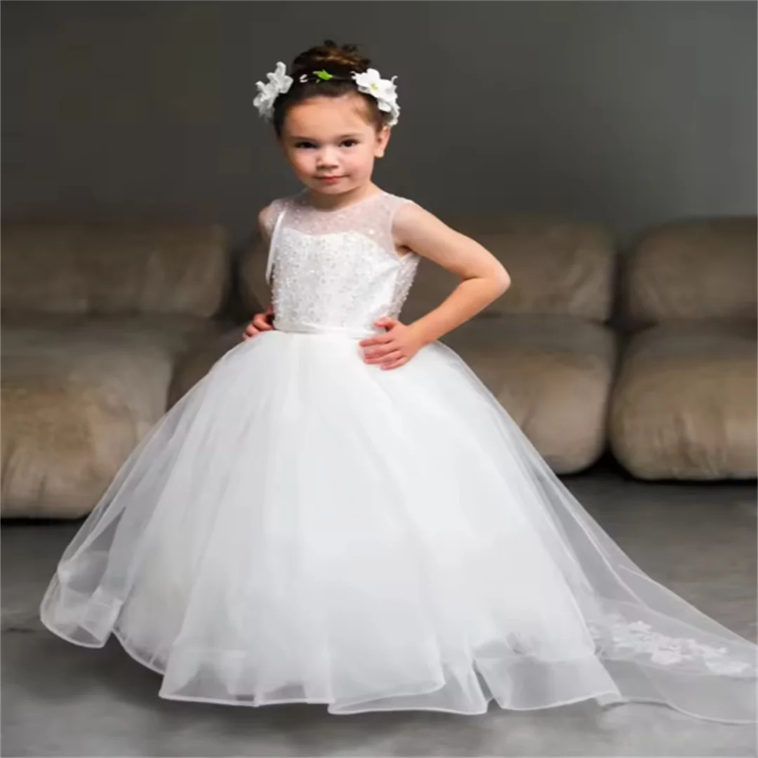 Elegant White Satin Square Neck Long Puffy Sleeves Flower Girl Dress for Children's Sacrament Birthday Bridesmaid Dress Custom