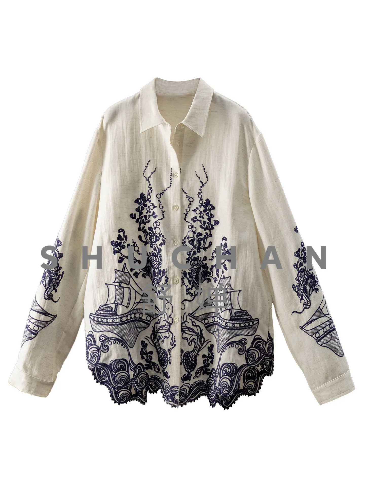 

Женская свободная рубашка с вышивкой из лиоцелла и льна с отложным воротником 28G9. Элегантные женские блузки с бесплатной доставкой.