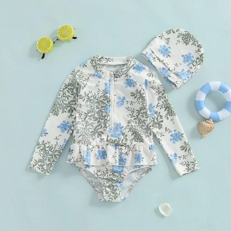 

Toddler Girls Rash Guard Swimsuit Infant Baby Floral Print Swimwear Long Sleeve Round Neck Zipper Ruffled Bathing Suit with Hat