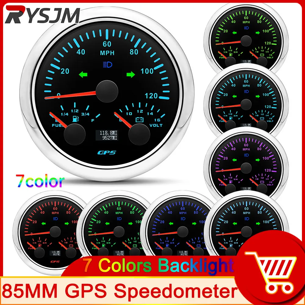 Universal 85MM GPS Speedometer 120MPH 7 Color Backlight Waterproof Guage With GPS Antenna Bifunctional Guage For Boat Car