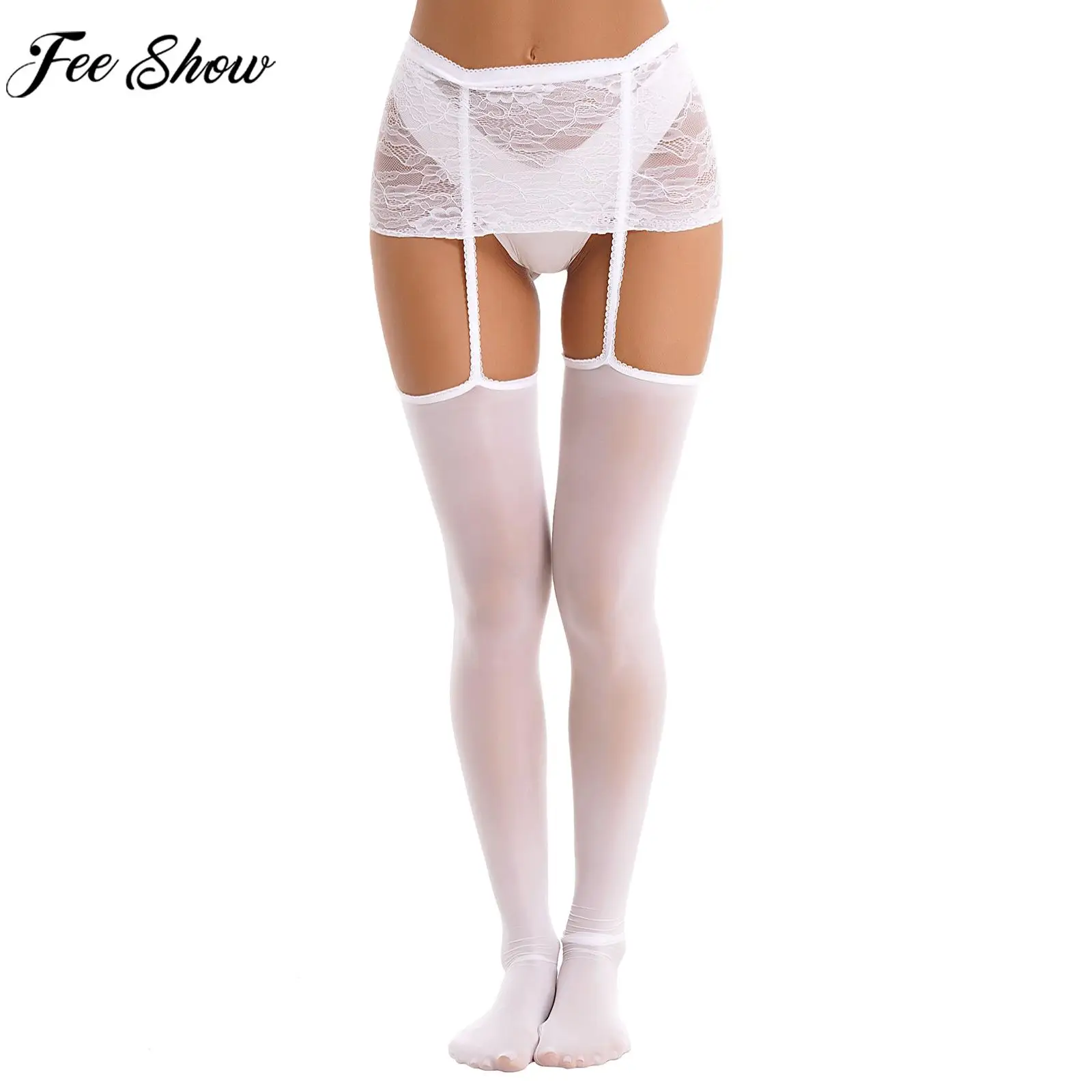 Womens Sexy See-through Lace Pantyhose Underwear Hollow Out Mini Skirt with Sheer Garters Stockings Lingerie Clubwear Nightwear