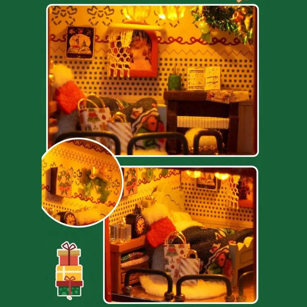 Wooden Christmas Stocking with Furniture Glowing Handmade DIY Christmas Cottage Model with LED Lights Miniature House Kit