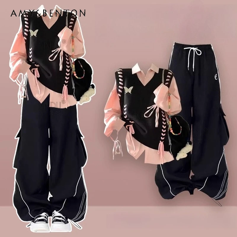 

2025 Autumn New Style Complete Set College Style Outfit High-end Desgin V-neck Knitted Vest Black Long Cargo Pants Set