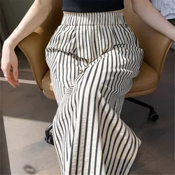 Classic Cotton and Linen Striped Women's Casual Pants Wide Leg High Waist Solid Pockets Minimalism Loose Trousers Female