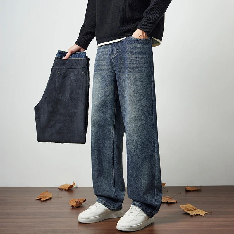 KSTUN Fleece Lined Jeans For Men Wide Leg Denim Pants Loose Straight Thicken Trousers 2026 Winter New Casual Vintage Streetwear