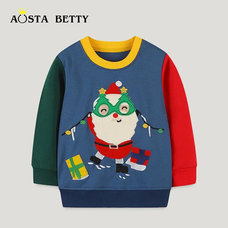 

New Boys' Color Contrast Fashion Hoodie Children's Santa Claus Embroidered Pullover Autumn Wear