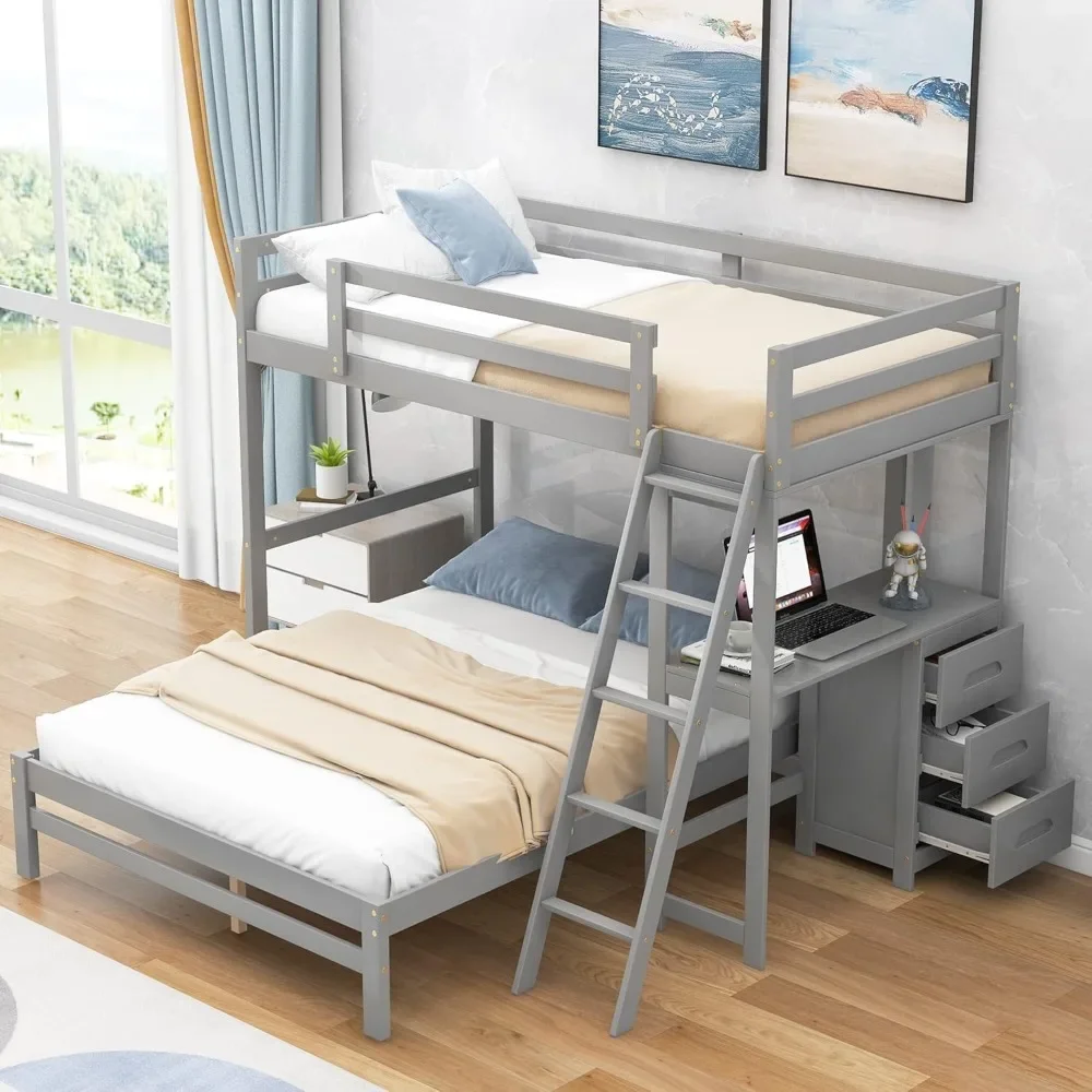 Bunk Bed, with Built-in Desk,Three Drawers and Angled Ladder ,for Family, Teens, No Box Spring Needed,Solid Wood Bunk Beds