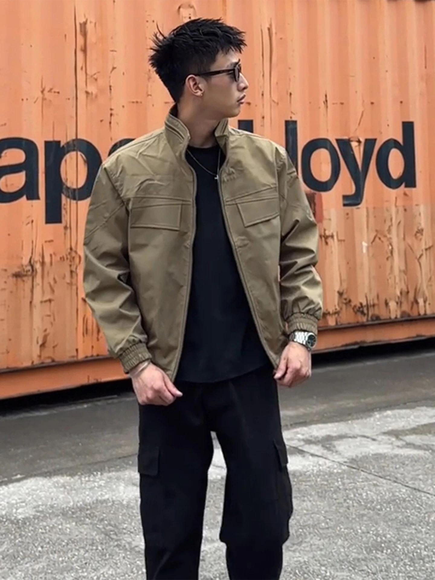 

Khaki American Retro Deconstructed Functional Harrington Jaet Men's Autumn Windproof Stand Collar Haome Workwear Coat