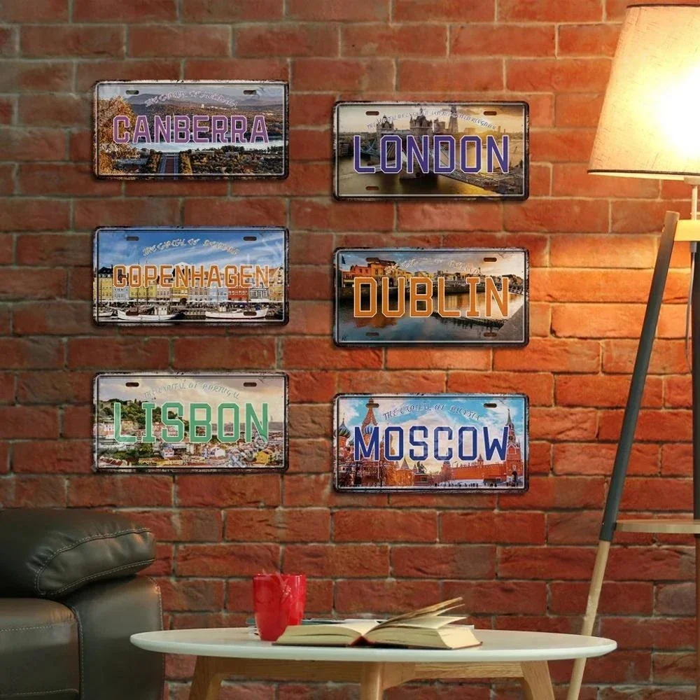 Vintage Capital City Licenses Plate Metal Sign Plaque Metal Tin Sign for Restaurant Bar Workshop Cafe Pub Man Cave Decoration
