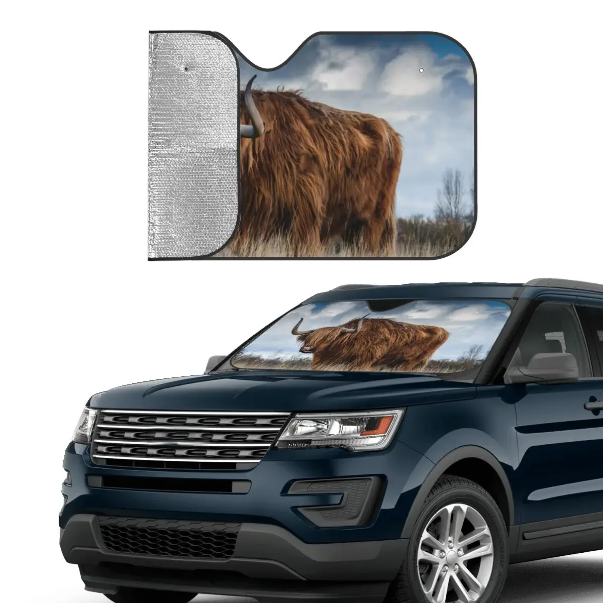 Highland Cattle Cow Windshield Sunshade Wildlife Animal Awesome Car Front Window Visor Car Window Windscreen Cover Car-covers