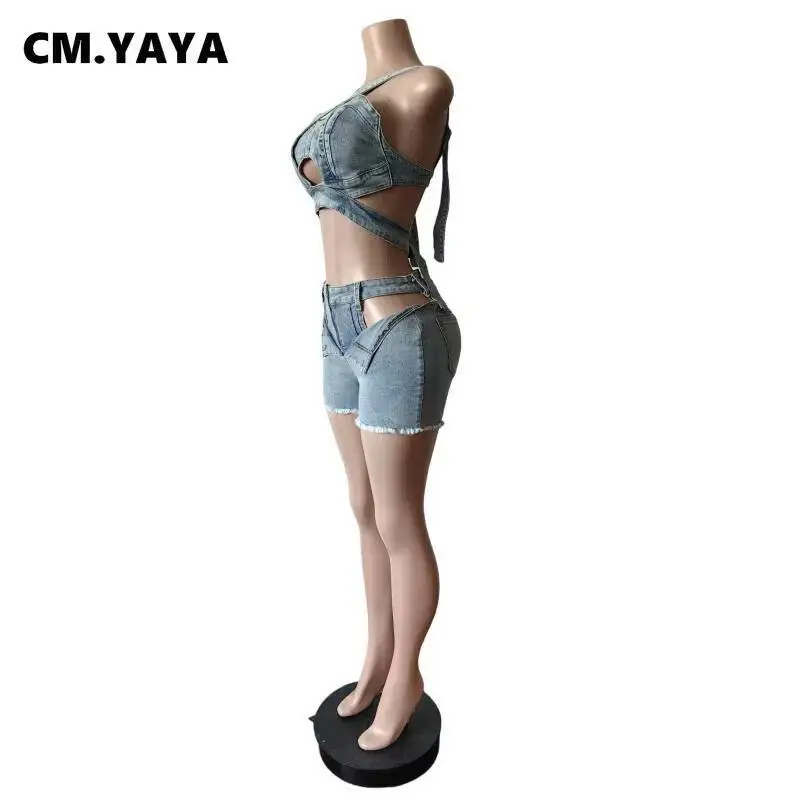 CM.YAYA Fashion Denim Cutout Women's Set Wrap Strap Crop Top And Shorts Jeans 2025 Summer Two 2 Piece Sets Outfits Tracksuit