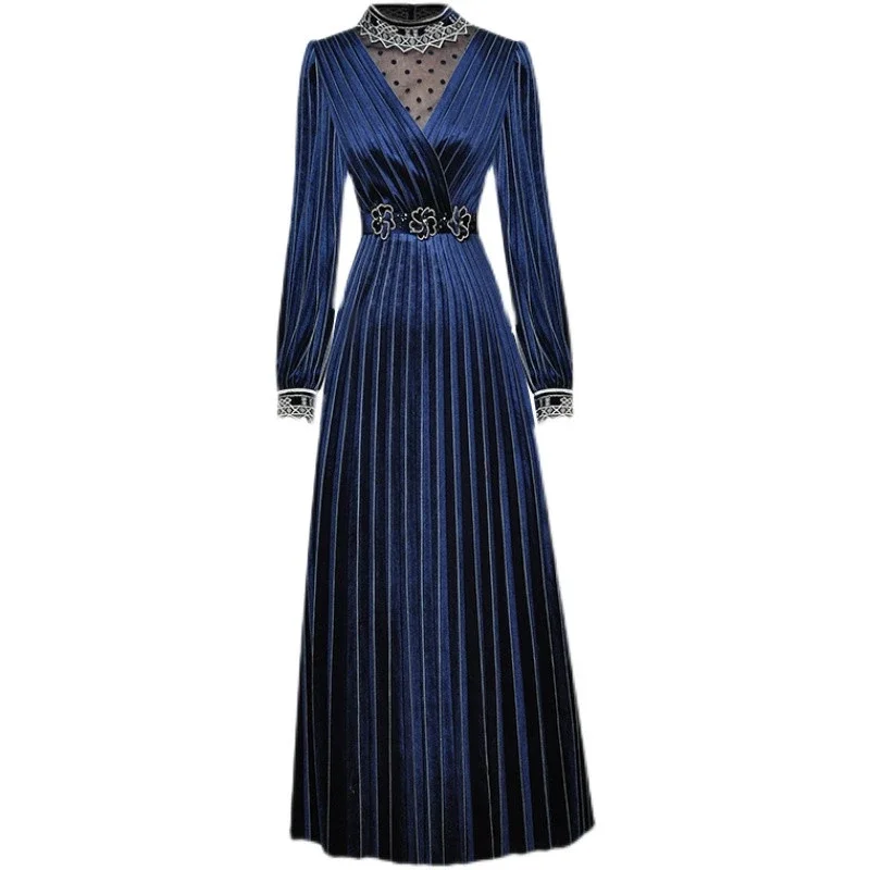 New Fashion Designer Autumn Women Stand-Up Collar Embroidery Mesh High Waist Sashes Applique Solid Velvet Long Dress