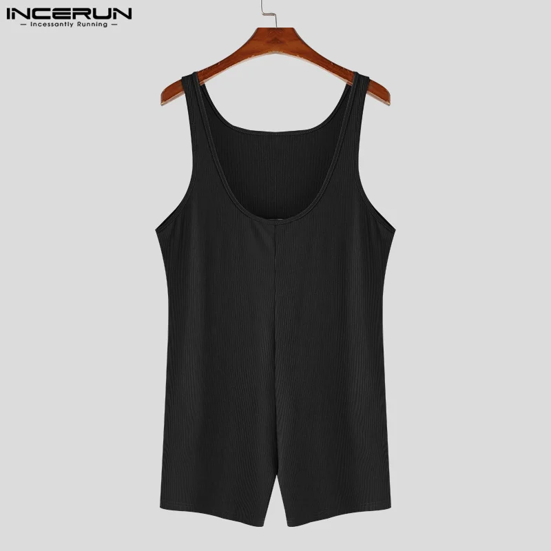 INCERUN 2023 Sexy Style New Men Homewear Fashion Suspender Design Jumpsuits Casual Male Striped Solid Sleeveless Bodysuits S-3XL