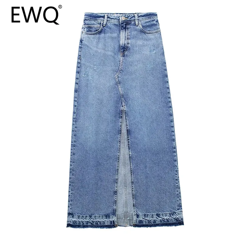 

EWQ Versatile Split Design Denim Skirt Women Fashion Zipper Pocket High Waist A-line Causal Mid Length Skirts 2024 New 27X582