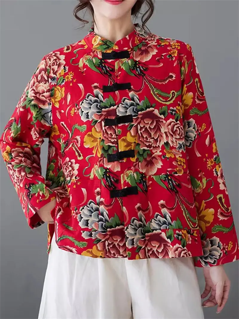 Ethnic Style Cotton And Linen Printed Shirt Short Jacket For Lady Spring Northeast Big Floral Coat Stand Collar Button Top z4772