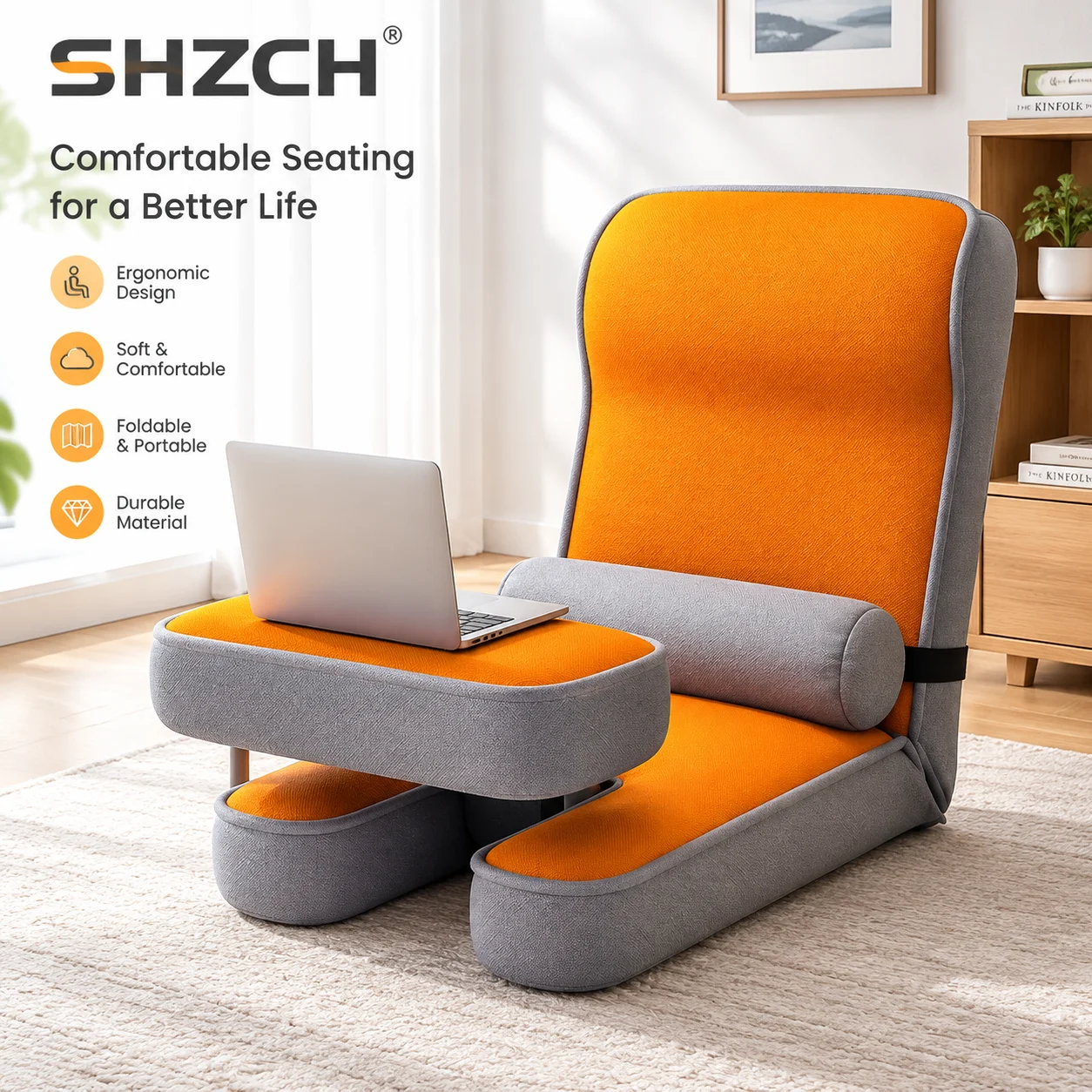 Lazy Sofa Chair Home Balcony Tatami Floor Recliner with Back Support Folding Lounge Chair Adjustable Armrest Reading Seat
