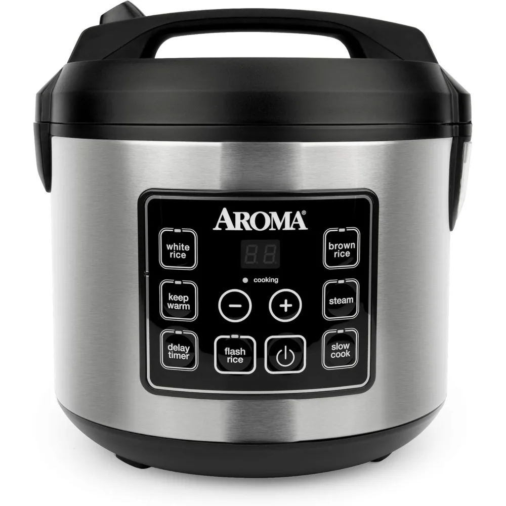 NEW Aroma Housewares 20 Cup Cooked(10 cup uncooked)Digital Rice Cooker,Slow Cooker,Food Steamer,SS Exterior (ARC-150SB),Black