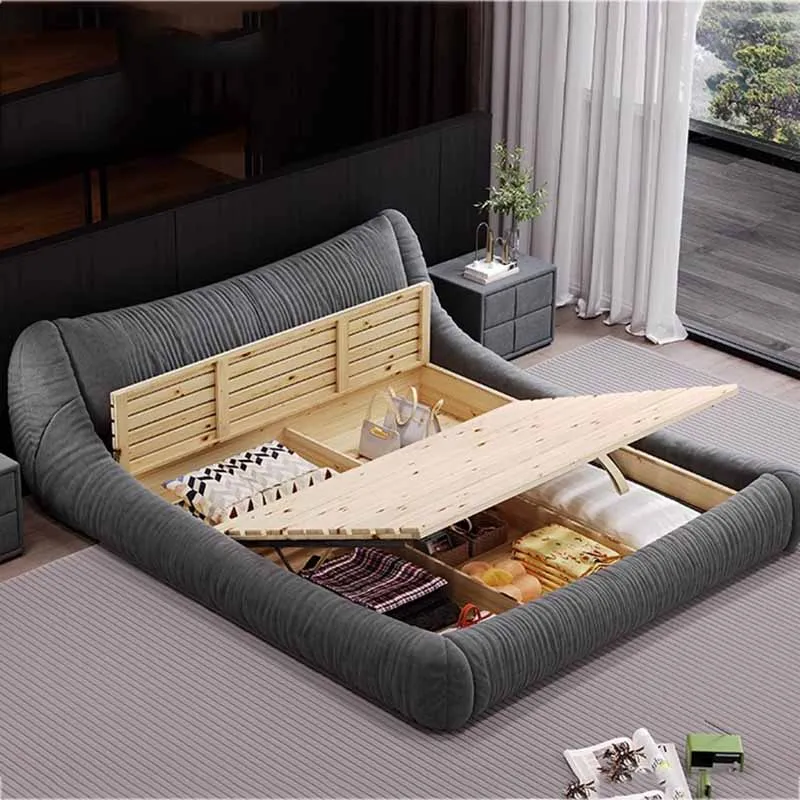 Headboard Double Bed European Designer Floor Full Size Double Bed Queen Modern Wood Sleeping Cama Matrimonio Bedroom Furniture