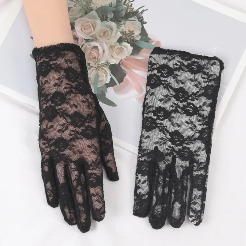 Women Lace Short Tulle Black Summer Uv-proof Driving Gloves Female Thin Fishnet Mesh Gloves Fashion Full Finger Mittens