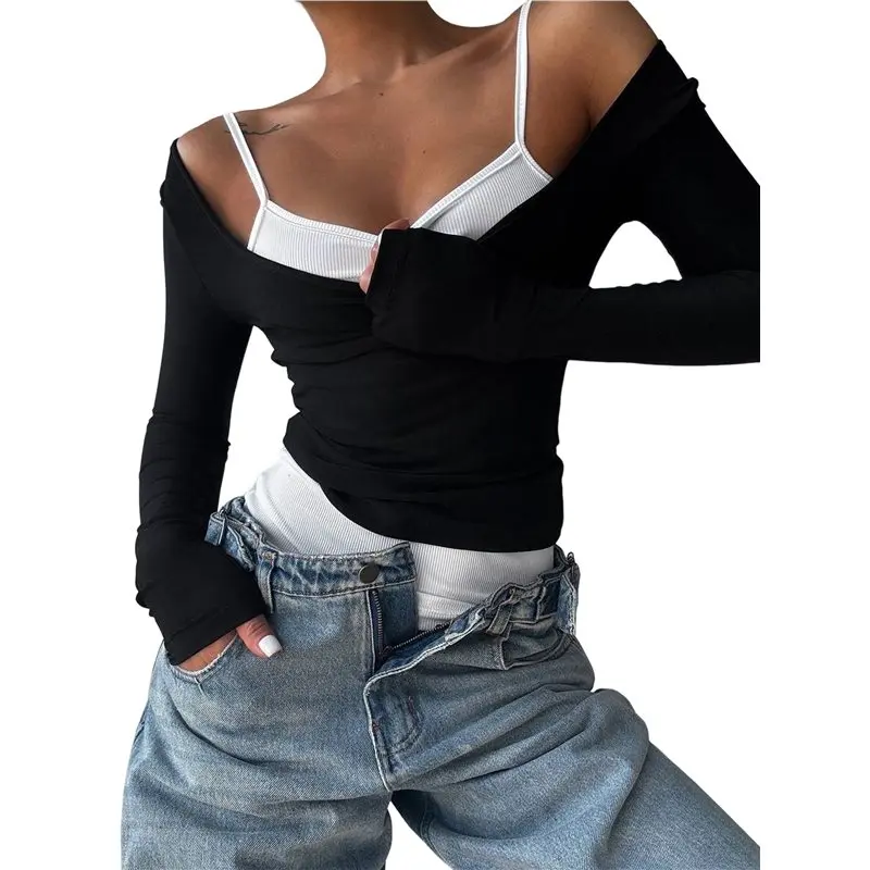 CYL-Женская рубашка с длинным рукавом и белый топ-камизоль с открытыми плечами, комплекты для выхода в свет, футболки, наряды в стиле Y2K