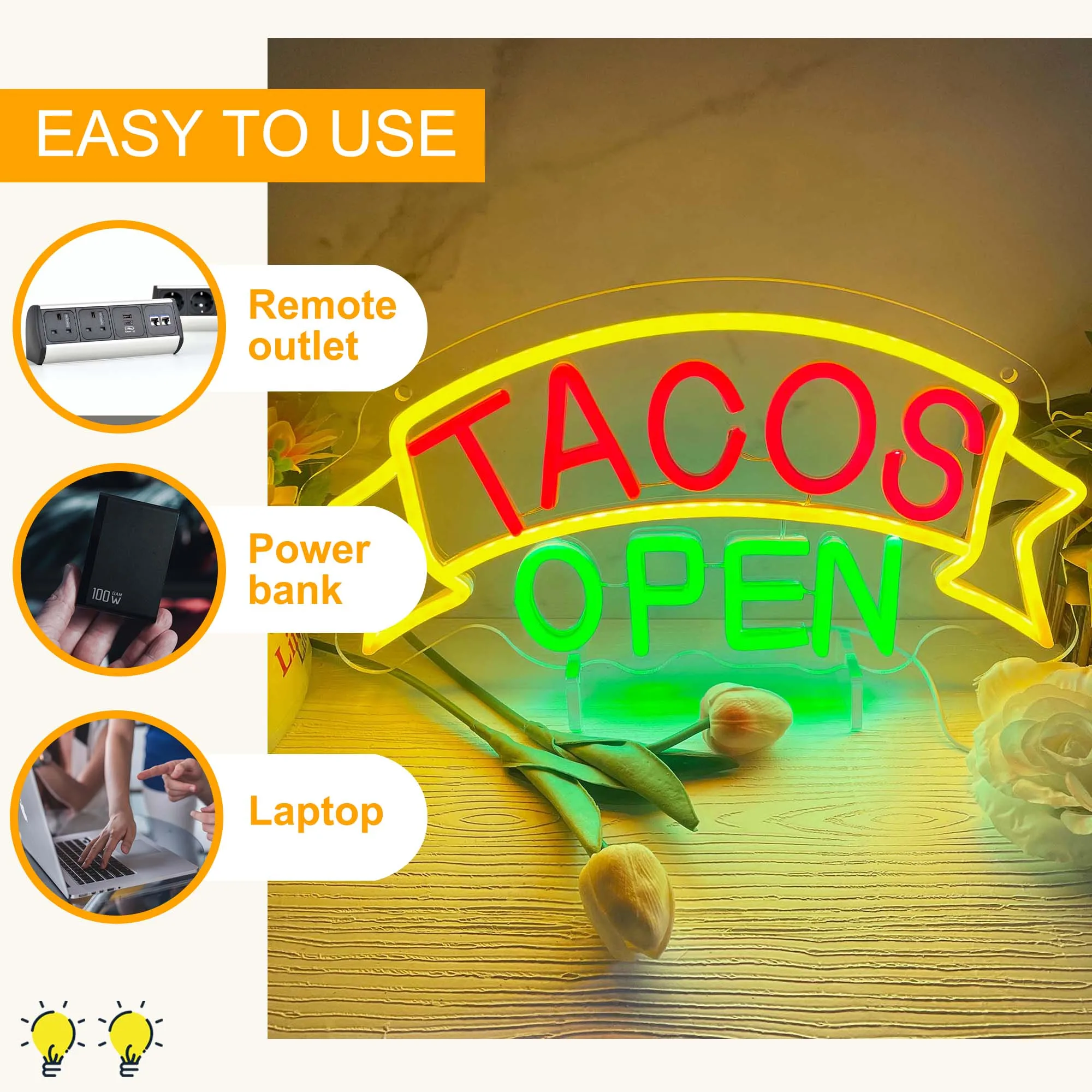 Imagem -04 - Tacos Open Neon Sign Light Restaurante Neon Led Sign Eating Room Decor Wall Neon Lights para Kitchen Bar Street Food Store