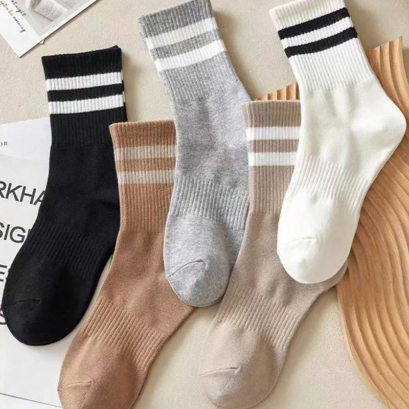 6 Pairs Women's Mid-Calf Socks Non-Slip Ribbed Cuff 2-Stripe Solid Color Athletic Casual Ankle Socks