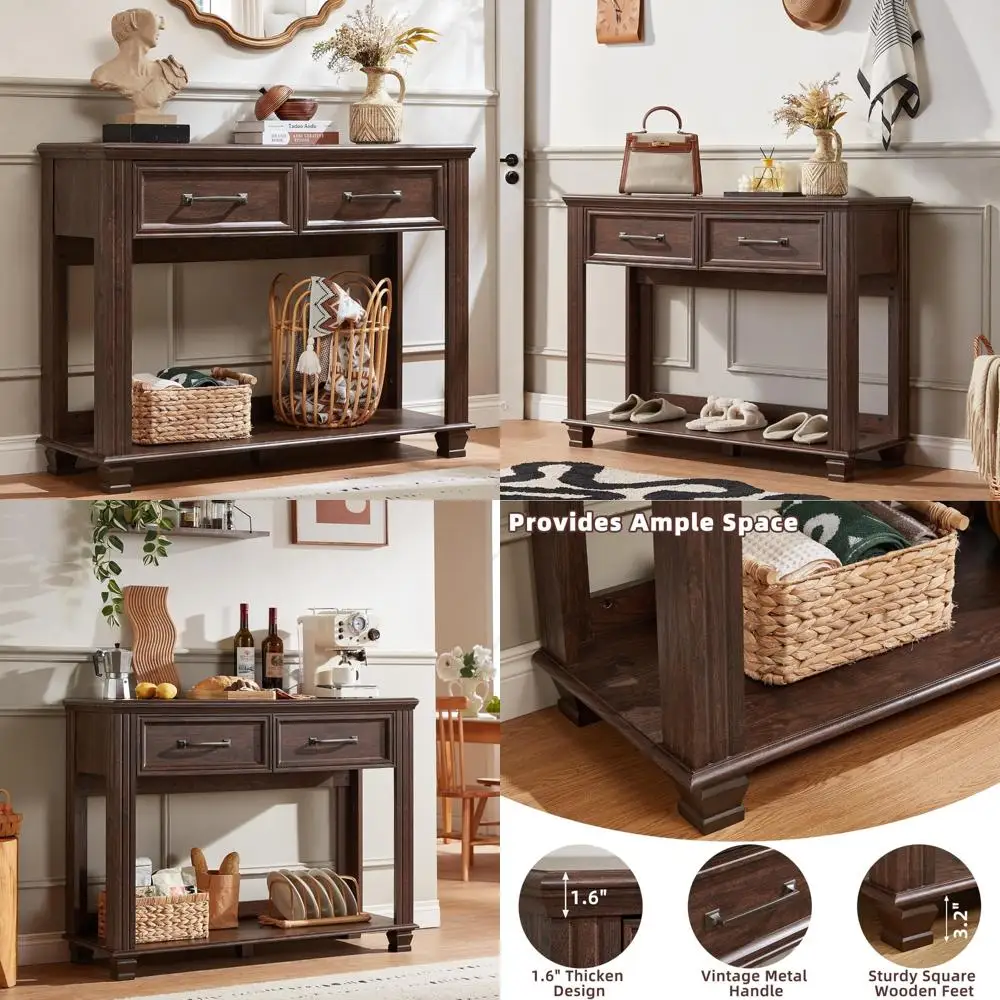 Rustic Wooden 2-Drawer Console Table with Open Shelf, Large Mid-Century Entryway Storage Furniture