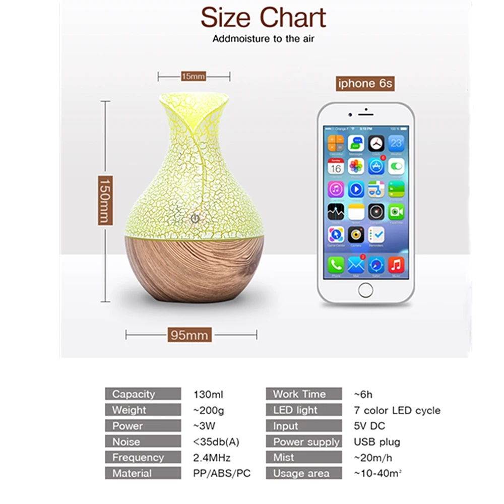 130ML Humidifier Top Seller Portable Air Humidifier 7 Color LED Night Light USB Wood Grain  Air Humidifier Diffuser