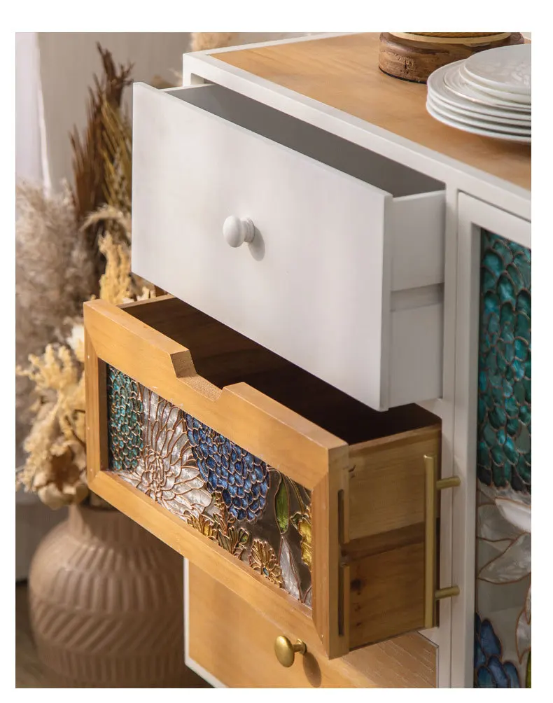 خزانة جانبية لتناول الطعام بلون المينا الأمريكية المرسومة يدويًا، وغرفة شاي، وخزانة صدر فاخرة خفيفة من الزجاج المقاوم للغبار #4