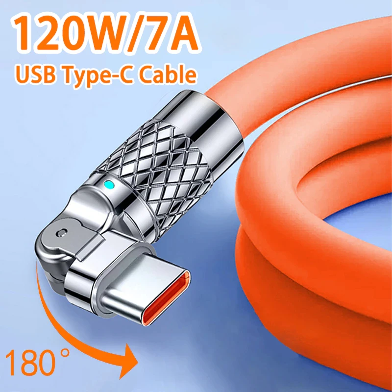120W 7A Fast Charge USB Type C Cable 180 Degree Rotation Elbow Liquid Silicone for Xiaomi Redmi Honor Huawei Phone Charger Cord