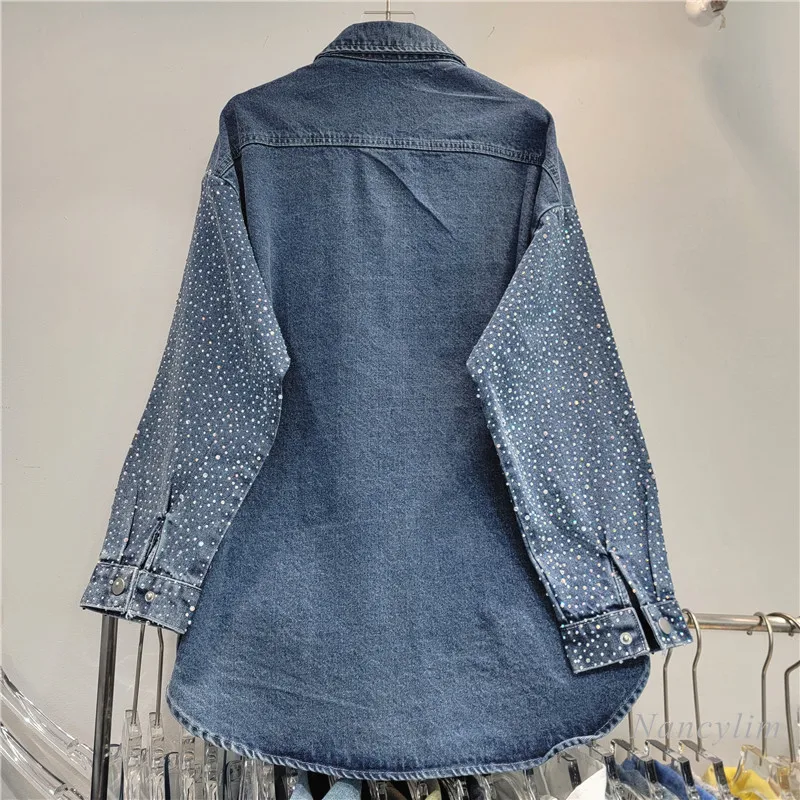 European Style Hot Drill Top Women 2024 Autumn New High Temperature Rhinestone Single-Breasted Denim Shirt Jacket