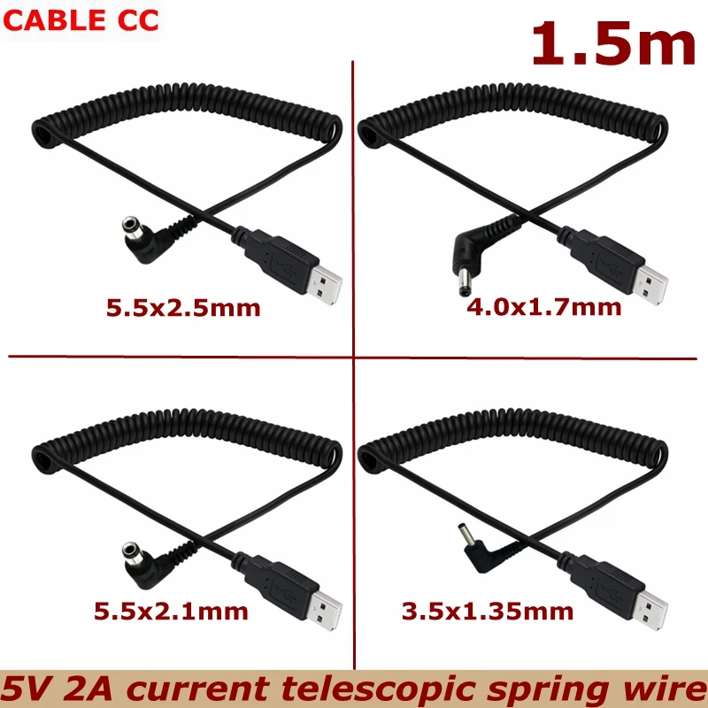 USB 2.0 To DC 5.5x2.1mm 5.5x2.5mm 3.5x1.35mm 4.0x1.7mm Elbow 5V2A Current Power Supply Spring Telescopic Extension Cable