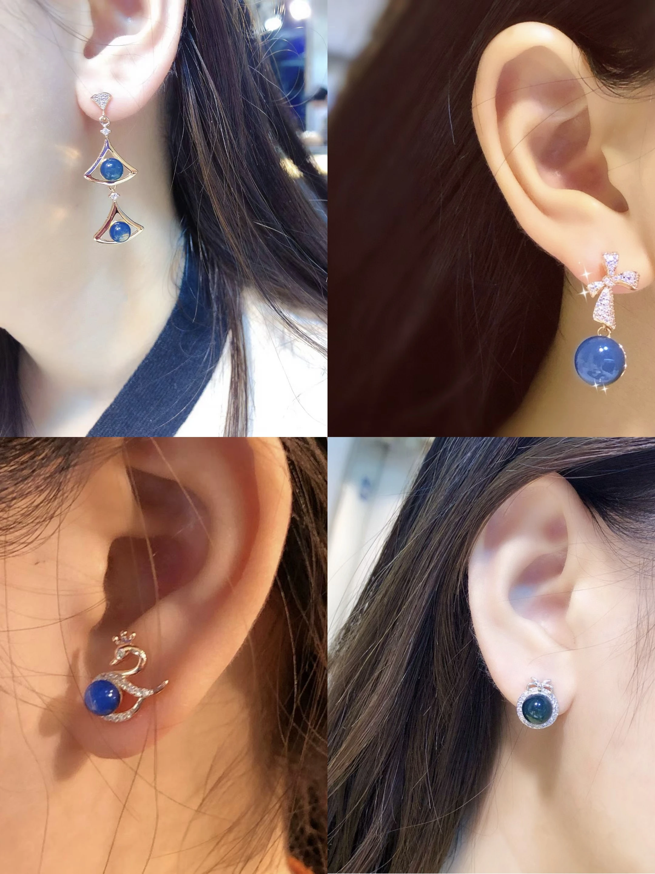 

925 Silver Set Natural Mexican Blue Amber Earrings Semi-precious Gemstone Dress/Love/Gourd/Hexagram Ear Stud Drop Dangle Jewelry
