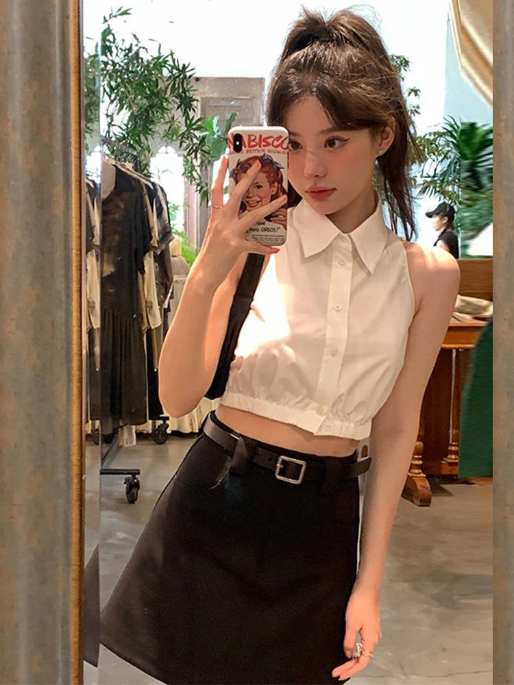 

Slim Fit Neck White Shirt Vest Women's Summer Belly Short Style Trendy Button Detail No Sleeve Korean Version