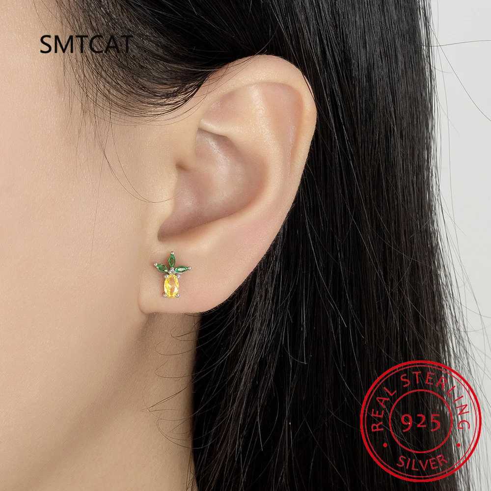 Citrine Pineapple Stud Earring S925 Sterling Silver Crystal Stud Earring Cute Fruit Sweet Earring Brincos de Prata for Women