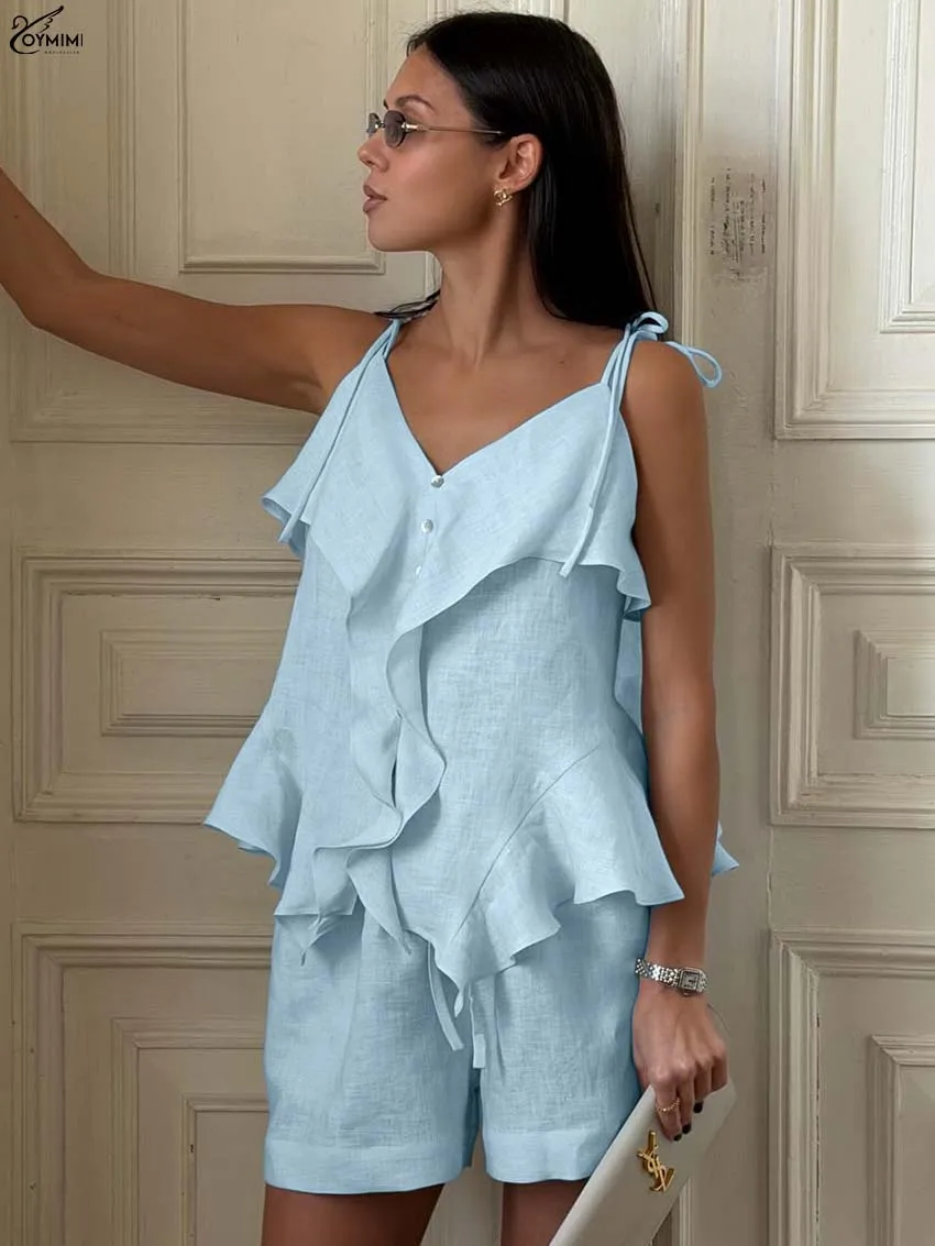 

Oymimi Fashion Blue Cotton 2 Pieces Set For Woman Elegant Spaghetti Strap Ruffled Single Breasted Shirts + High Waist Shorts Set