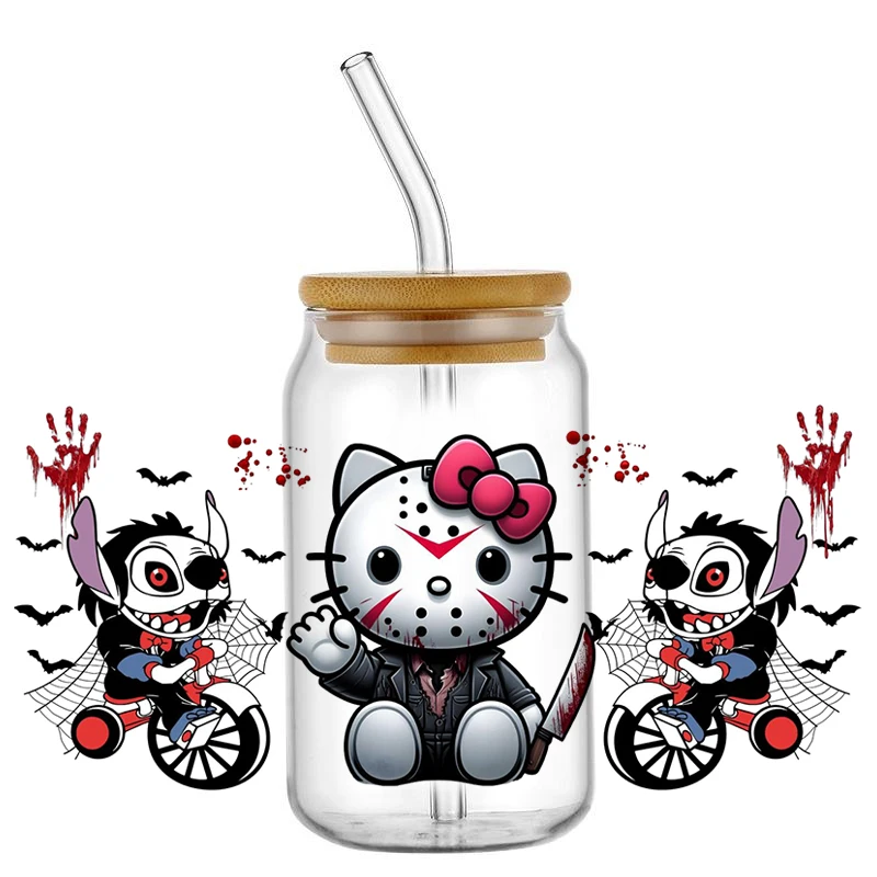 Miniso 3D Halloween Hello Kitty Killer UV DTF Sticker for Glass Cups Wrap Transfer Sticker DIY Logo Selfadhesive Waterproof