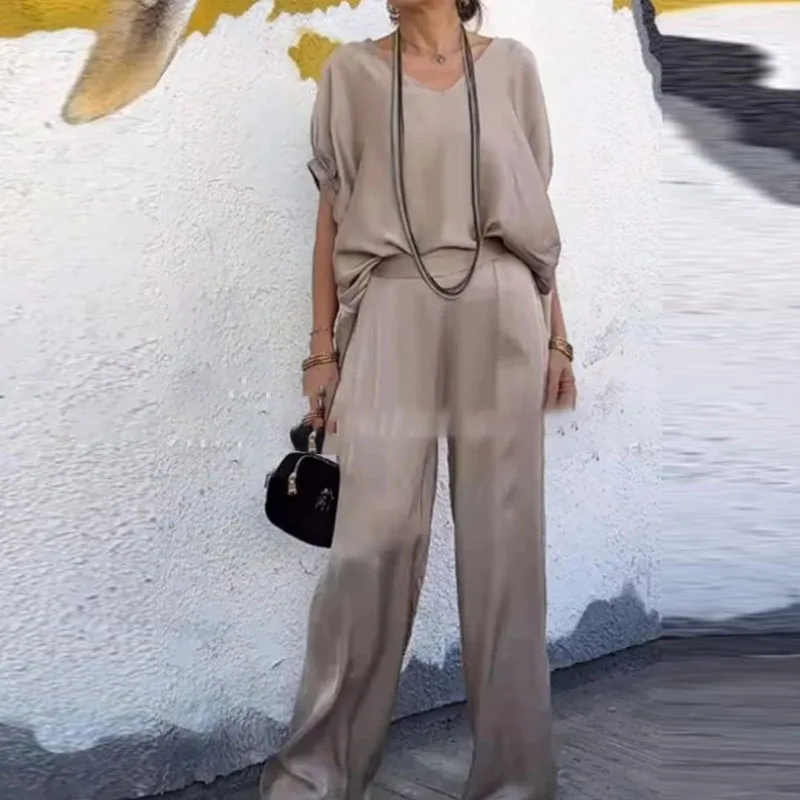 

Elegant V Neck Short Sleeved Top + Pants Suit Summer Solid Color Loose Straight Outfit Office Casual Pleated Women's 2 Piece Set