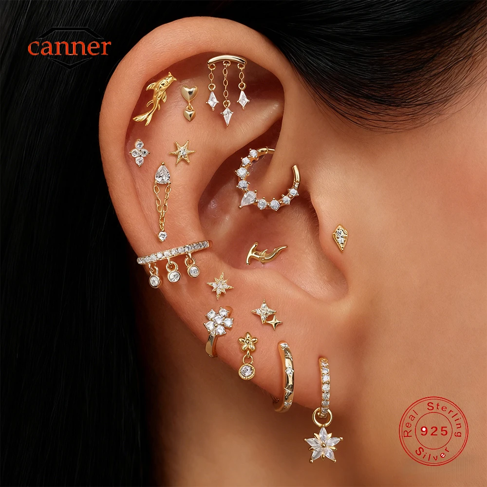 

CANNER 1PC 925 Sterling Silver Star Moon Flat Back Piercing Earrings Tassel Chain Charm Accessories For Woman Earring Jewelry