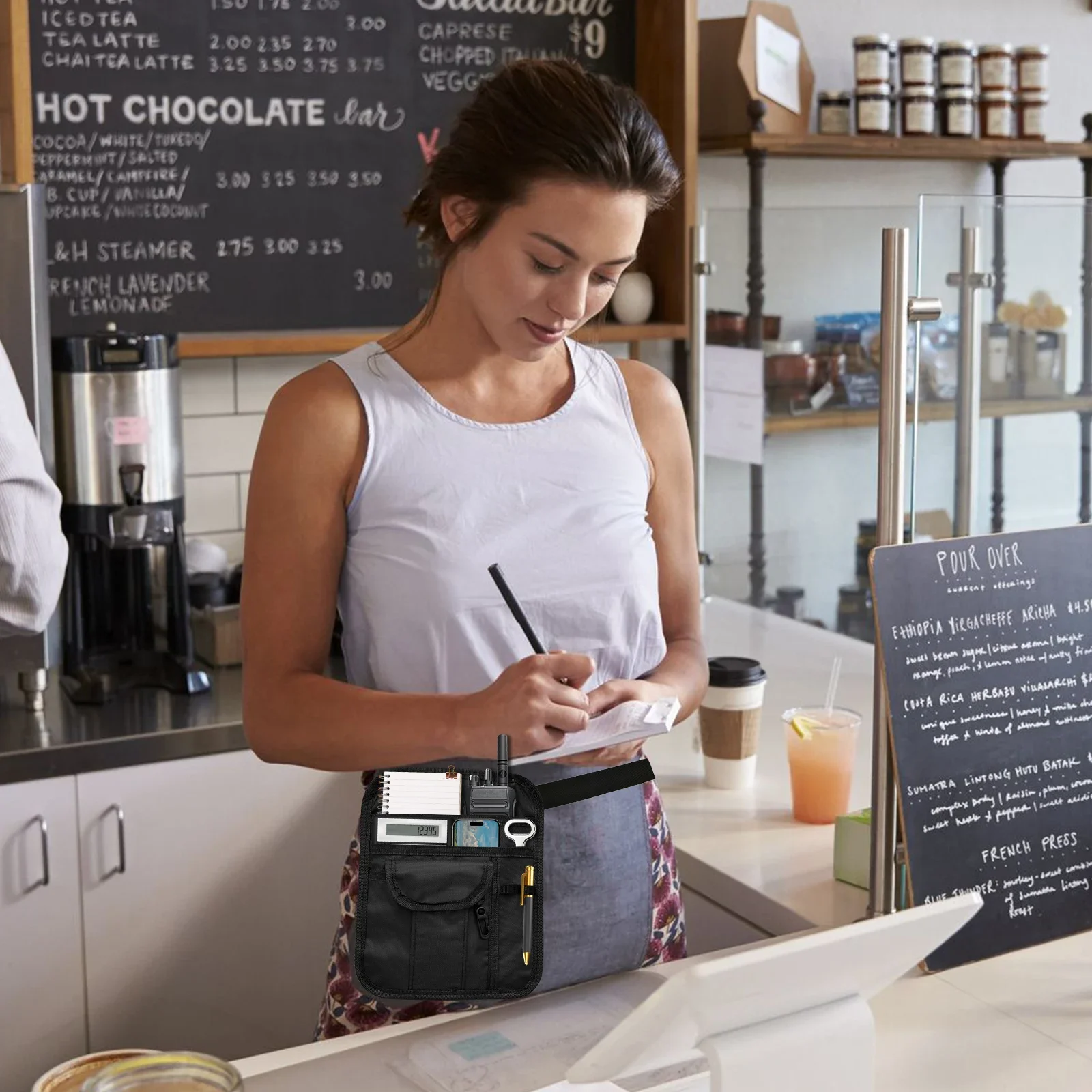 Server Apron Waist Pouch Oxford Cloth Waist Tool Pouch Bag with Adjustable Belt and Secure Buckle Multi Pocket Utility Money Bag