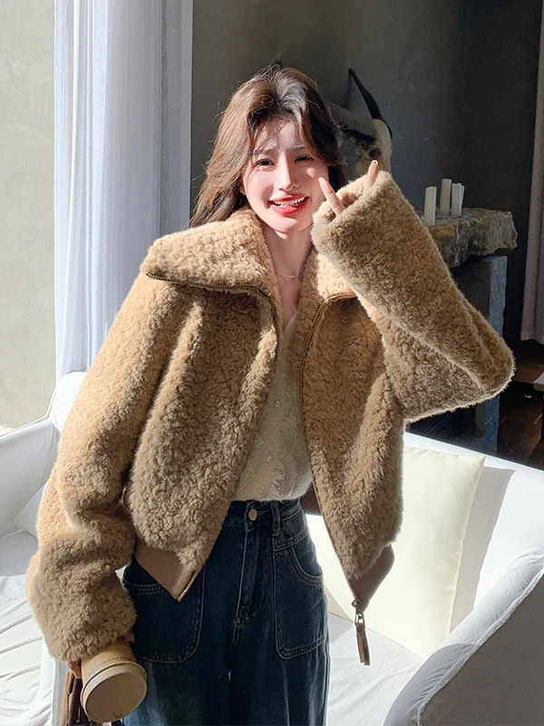 Damska kurtka z futra jagnięcego, ocieplana, ciepła, puszysta, z aksamitu jagnięcego, z dużym kołnierzem, jesienno-zimowa, nowoczesna, luźny krój, zapinana na zamek.