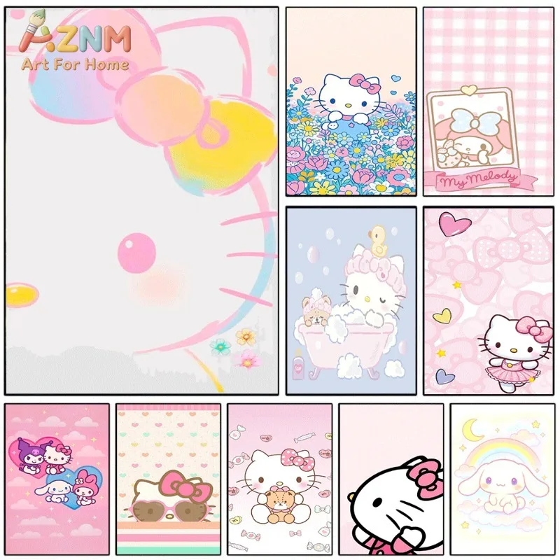 Hello Kitty My Melody Cinnamoroll Kuromi Canvas Poster Cute Sanrio Cartoon Print Unframed Canvas Art Pink Bubble Sweet Aesthet