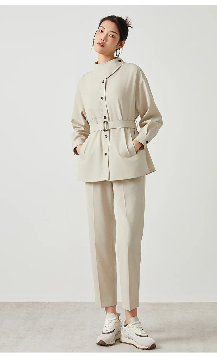 K2523X Luxuriöse Damen-Hose aus Woll-Leinen-Mischgewebe, tailliert, gerade geschnitten, hohe Taille, schlichte Linien, elegante, minimalistische Hose – Detail 8