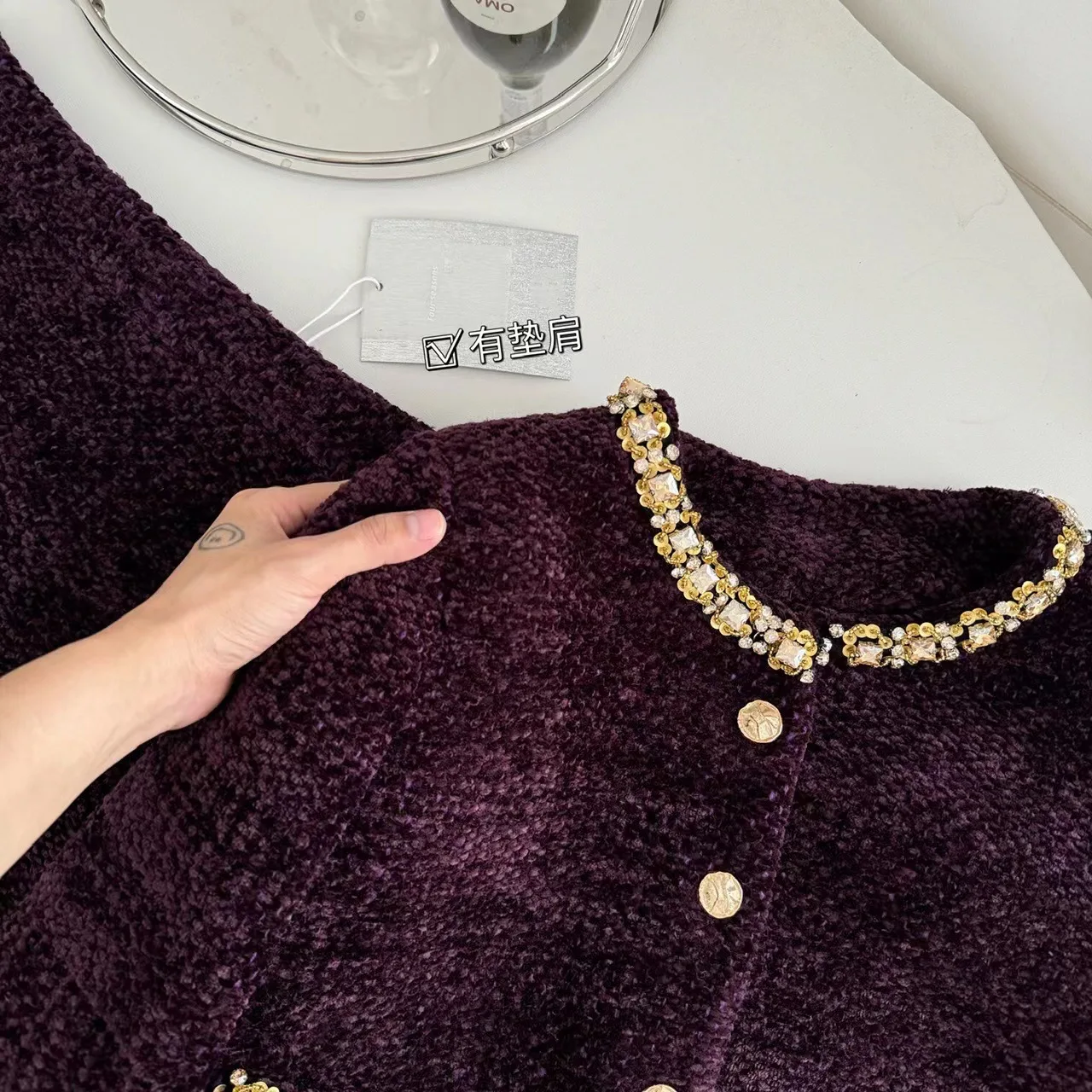 Commuter Style Purple Suit Women 2024 New Beads Round Neck Long-sleeved Jacket Short Top and Skirt Two-piece Sets Fall Winter