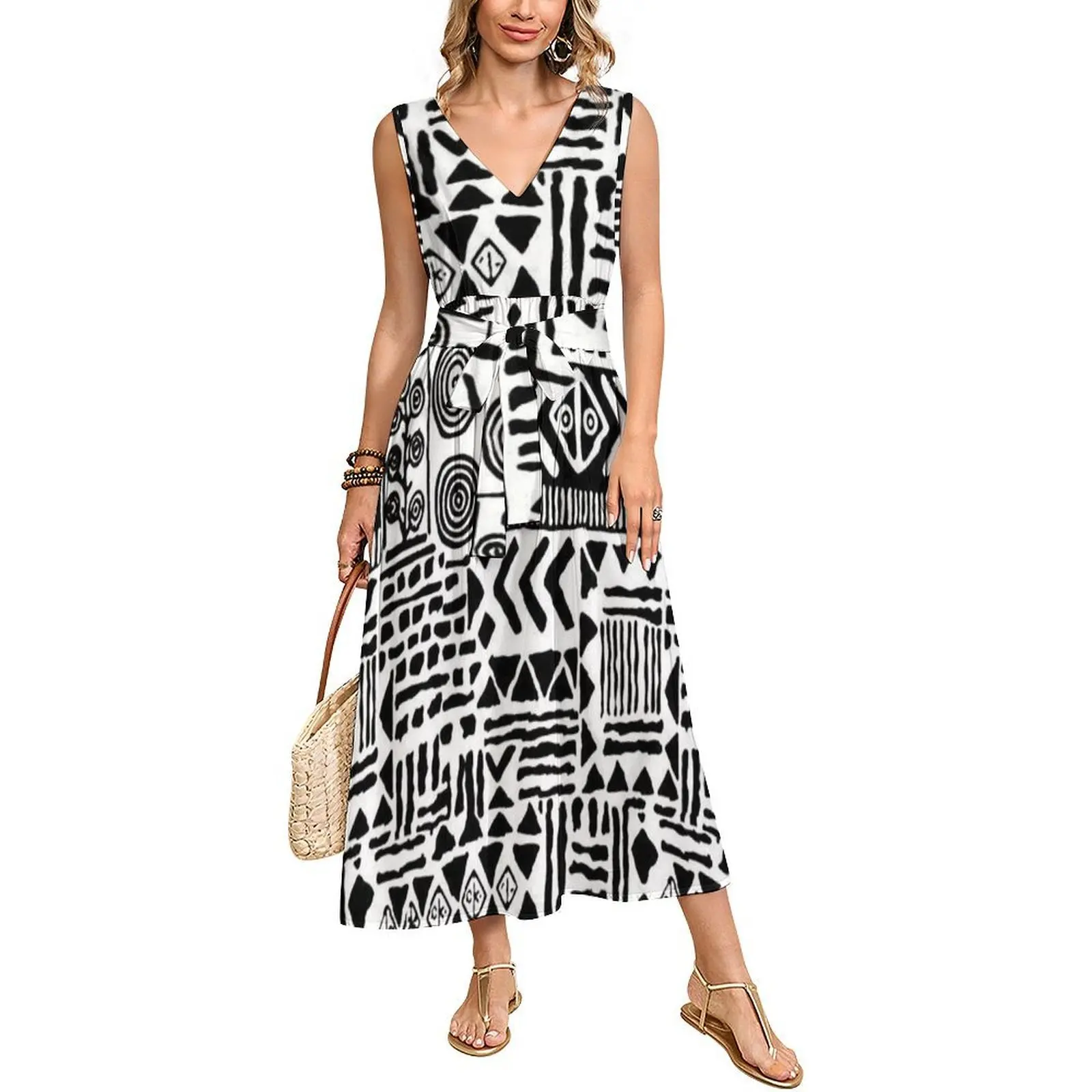 فستان طويل بتصميم حزام بدون أكمام للحفلات فضفاض وأنيق للصيف على جزيرة المحيط الهادئ، فستان طويل بطباعة نمط قبلي أزتيك جديد #5