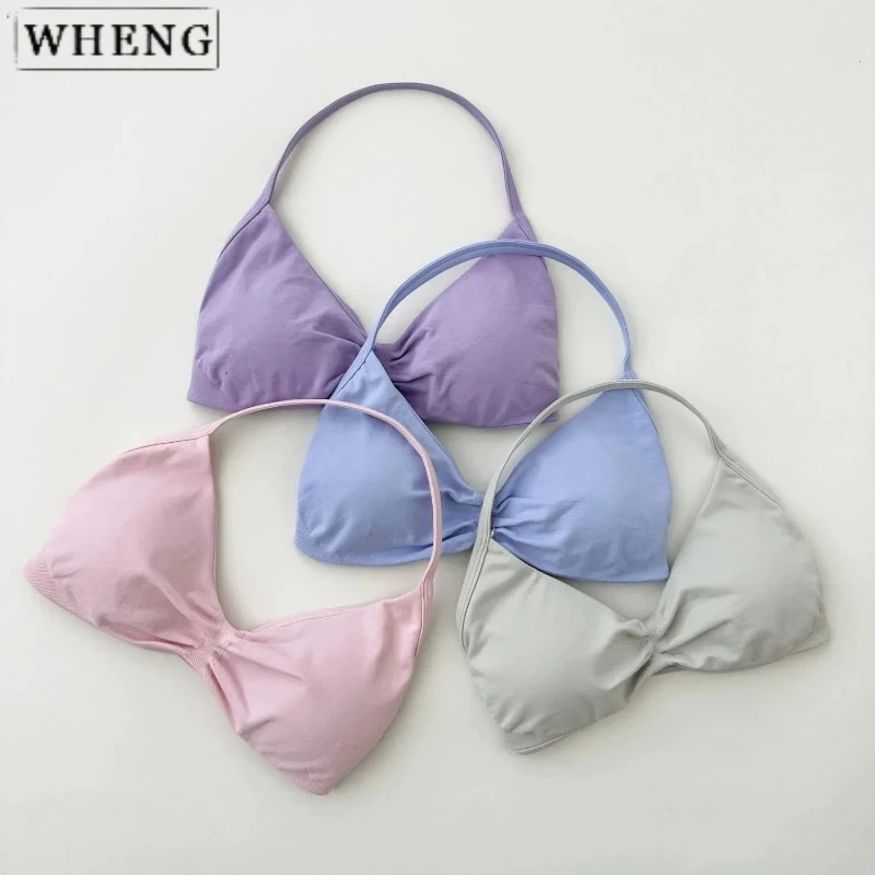 WHENGStrappy Sports Bra Seamless Women's Suspender Padded Yoga Halter Gym Top Bra Fitness Scratch Workout Yoga Vest