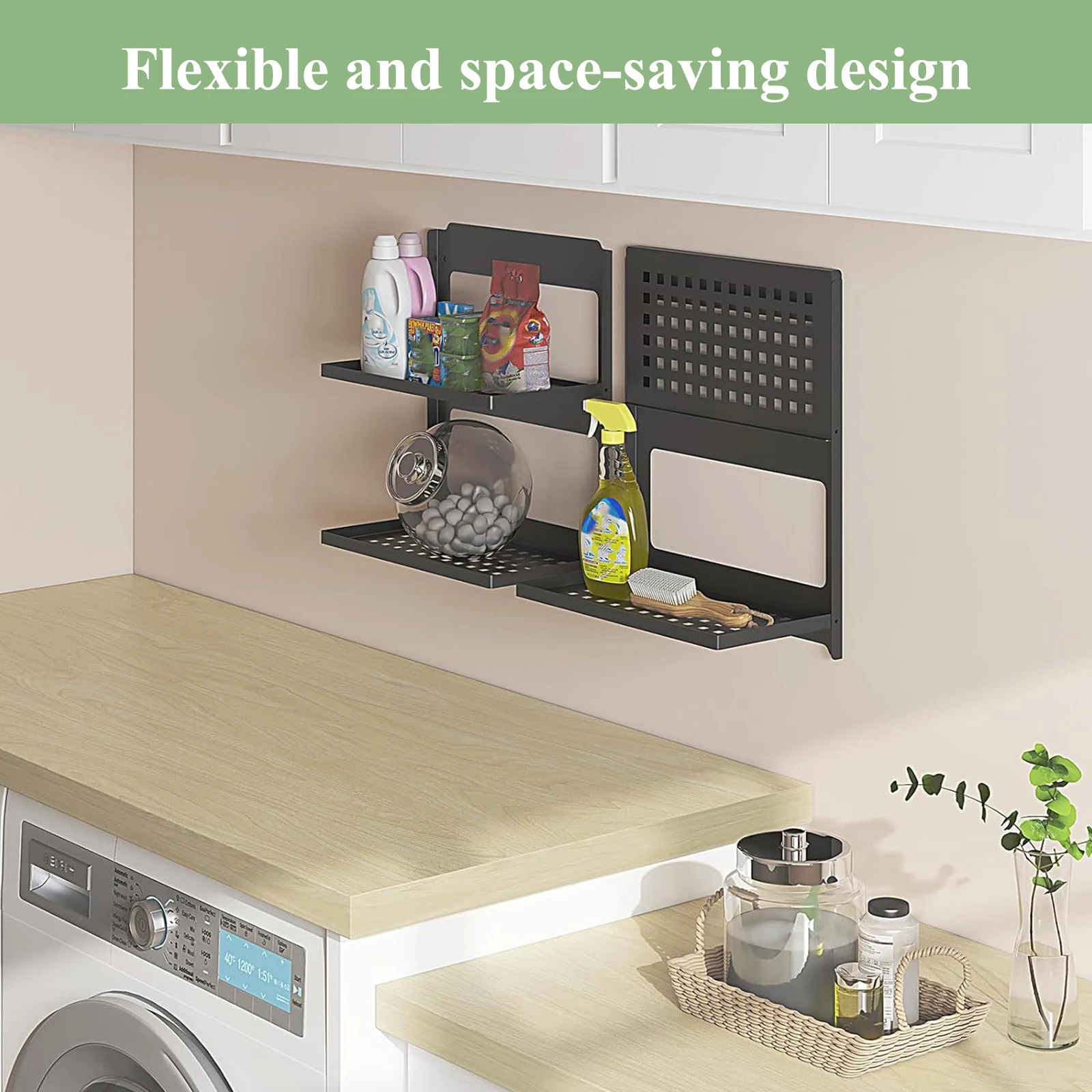 

2-Tier Double-Layer Shelf Wall-Mounted Black Iron Floating Shelf Stackable Floating Shelves for Laundry Room Bathroom Utility RV