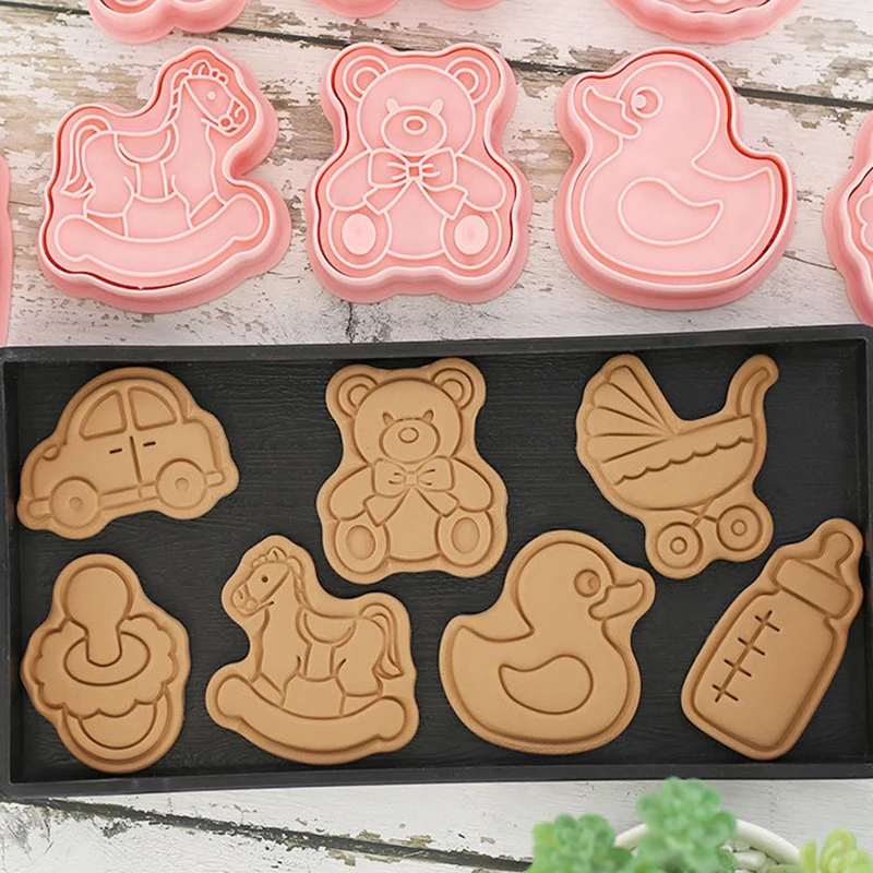 8Pcs/Set DIY Baby Theme Cartoon Cookie Embosser Cutters 3D Baby Shower Rattles Ball Clothes Feet Skirt Socks Biscuit Mould Tools