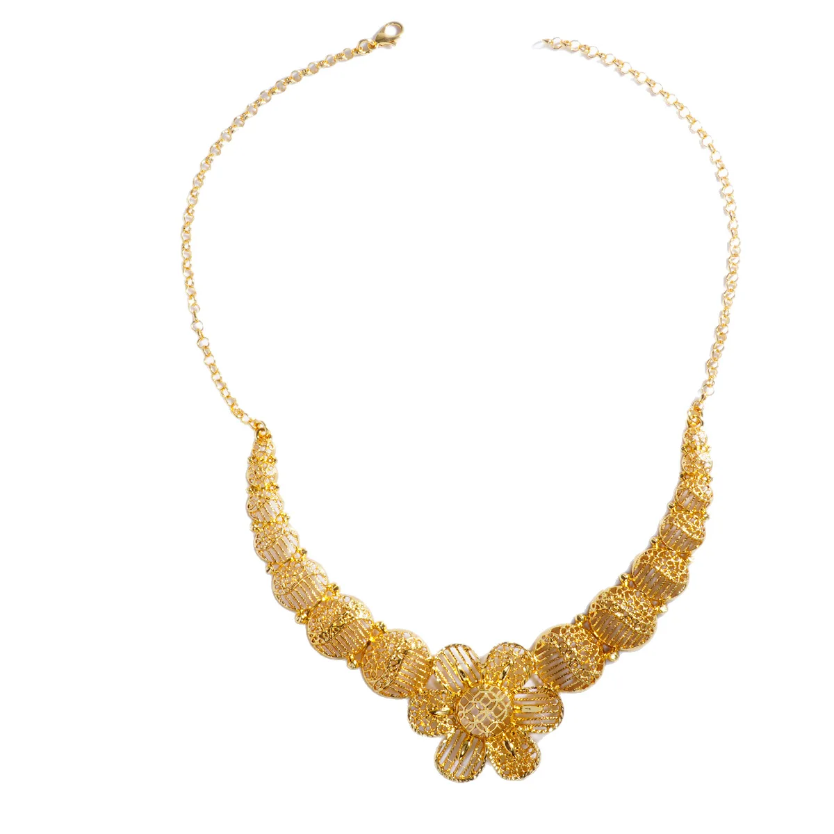 Luxury 24K 9999 Pure Gold real gold Dubai vintage hollow flower necklace earrings set view 5