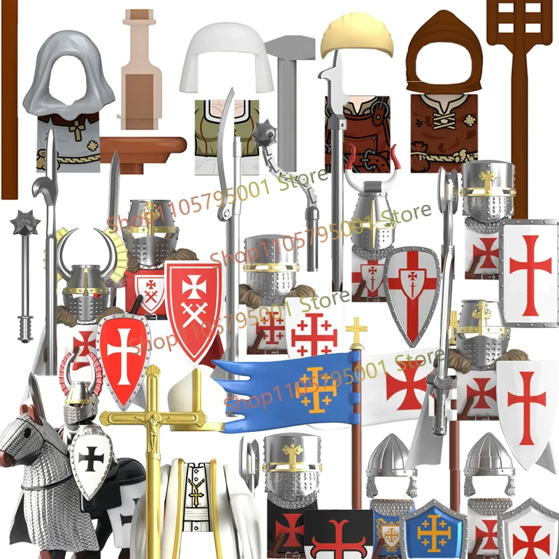 MOC Medieval Castle Knight Building Blocks Cavalry Soldiers Warhorse Civilian Farmer Shepherd Shield Armor Kids Bricks Toys F27